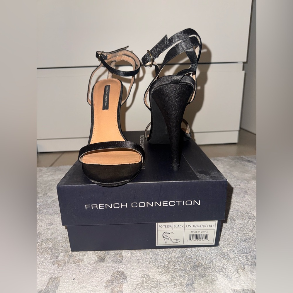 French Connection Tessa Black Ankle-Strap Stiletto Heels Sexy Minimalist - Picture 2 of 5